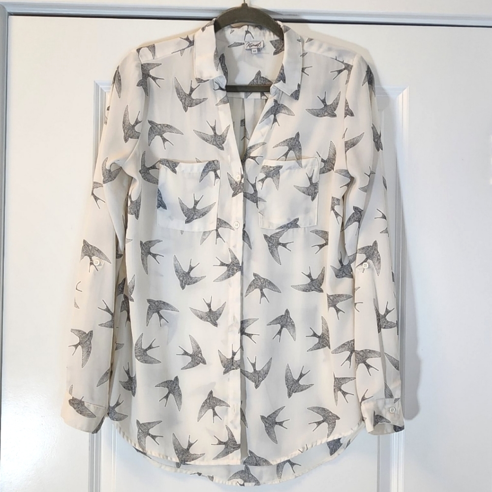 Swallow print long sleeve white button up blouse